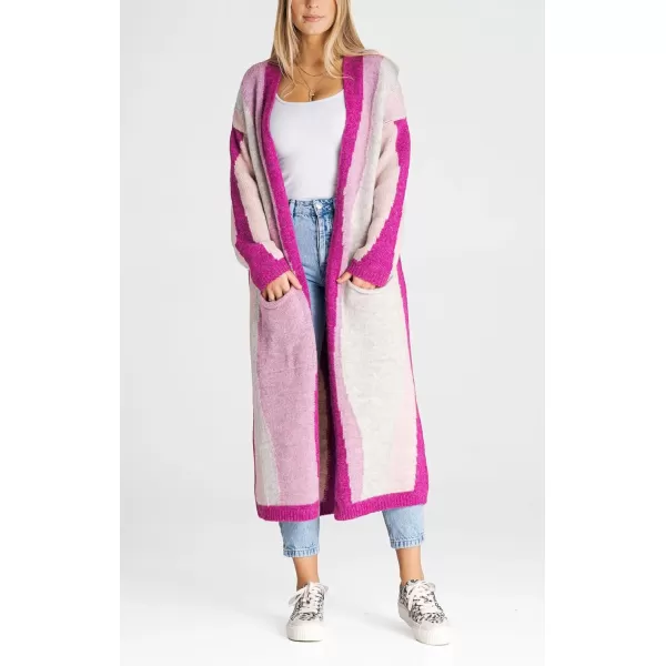 chouyatou Womens Fall Open Front Color Block Long Cardigan Sweater Coat Casual Vertical Striped CoatiganPurple
