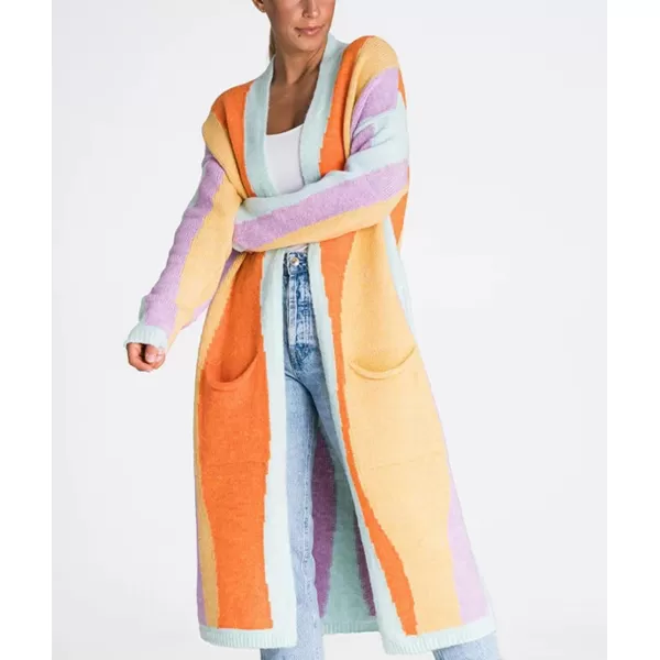 chouyatou Womens Fall Open Front Color Block Long Cardigan Sweater Coat Casual Vertical Striped CoatiganYellow