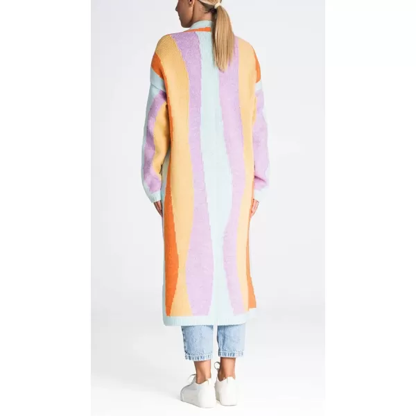 chouyatou Womens Fall Open Front Color Block Long Cardigan Sweater Coat Casual Vertical Striped CoatiganYellow