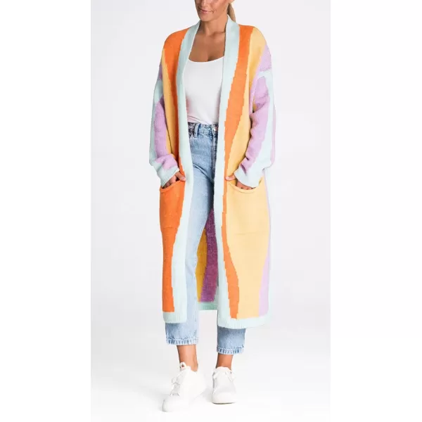 chouyatou Womens Fall Open Front Color Block Long Cardigan Sweater Coat Casual Vertical Striped CoatiganYellow