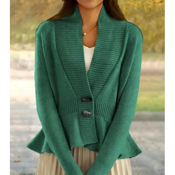 chouyatou Womens Fall Ribbed VNeck Vintage Cardigan Sweater Toggle Button Down Peplum Tops JacketGreen