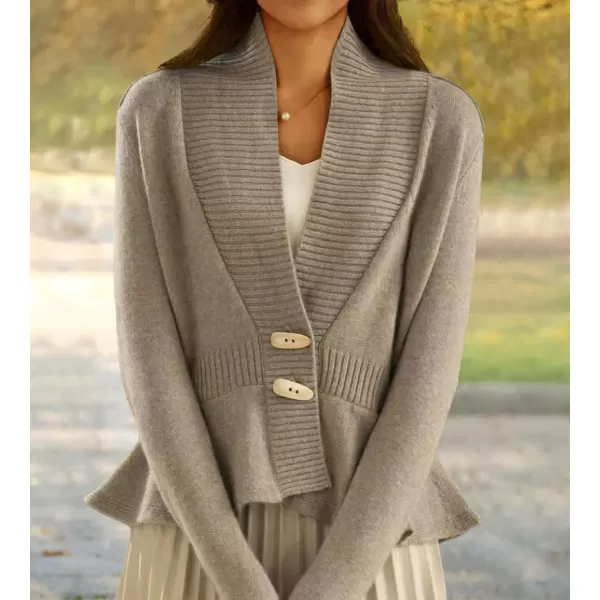 chouyatou Womens Fall Ribbed VNeck Vintage Cardigan Sweater Toggle Button Down Peplum Tops JacketKhaki