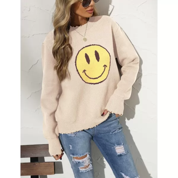 chouyatou Womens Fall Smile Face Jacquard Knit Pullover Sweater Loose Distressed Graphic Sweater TopApricot