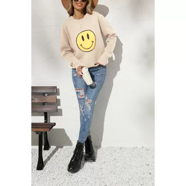 chouyatou Womens Fall Smile Face Jacquard Knit Pullover Sweater Loose Distressed Graphic Sweater TopApricot