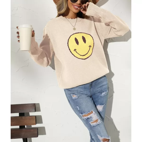 chouyatou Womens Fall Smile Face Jacquard Knit Pullover Sweater Loose Distressed Graphic Sweater TopApricot