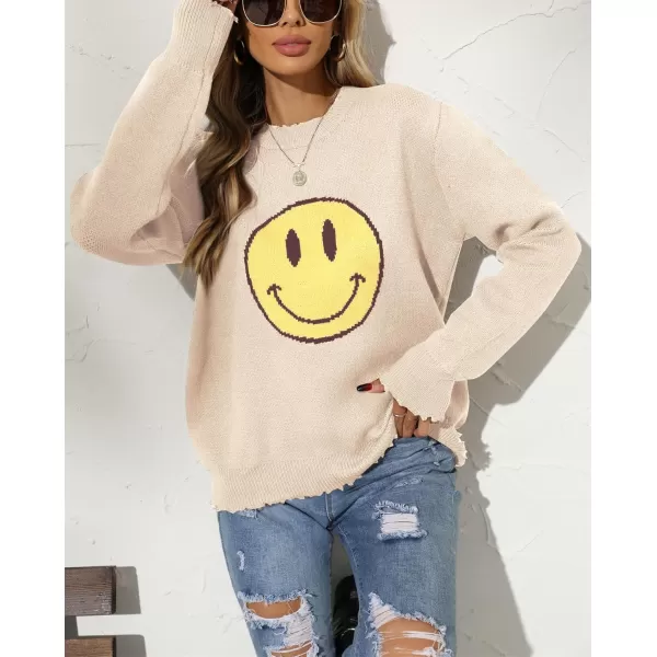 chouyatou Womens Fall Smile Face Jacquard Knit Pullover Sweater Loose Distressed Graphic Sweater TopApricot