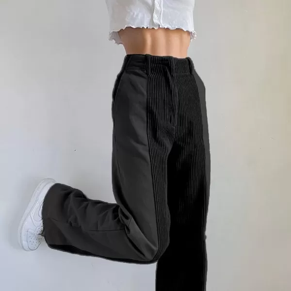 chouyatou Womens High Waisted Corduroy Pants Straight Leg Spliced Casual PantsBlack