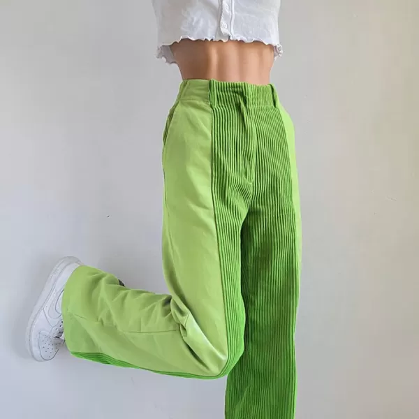chouyatou Womens High Waisted Corduroy Pants Straight Leg Spliced Casual PantsGreen