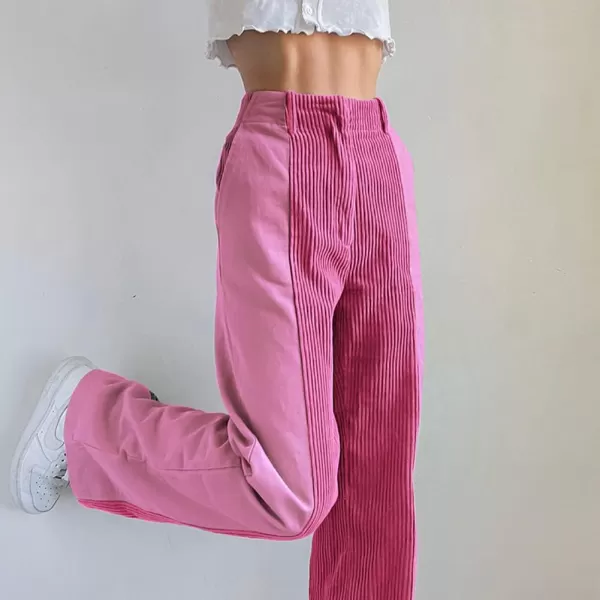 chouyatou Womens High Waisted Corduroy Pants Straight Leg Spliced Casual PantsHot Pink