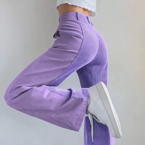 chouyatou Womens High Waisted Corduroy Pants Straight Leg Spliced Casual PantsPurple