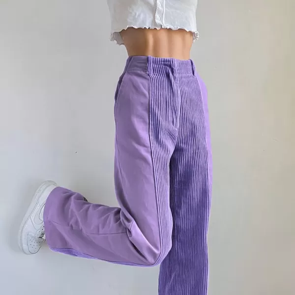 chouyatou Womens High Waisted Corduroy Pants Straight Leg Spliced Casual PantsPurple
