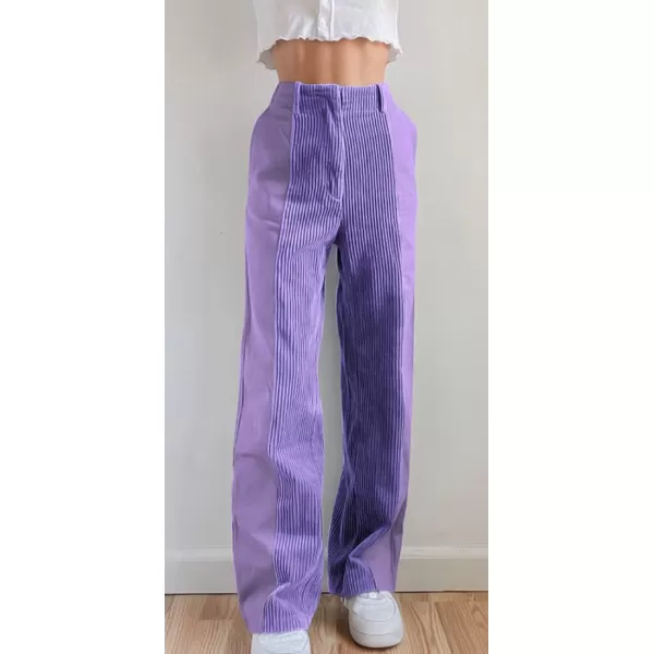 chouyatou Womens High Waisted Corduroy Pants Straight Leg Spliced Casual PantsPurple