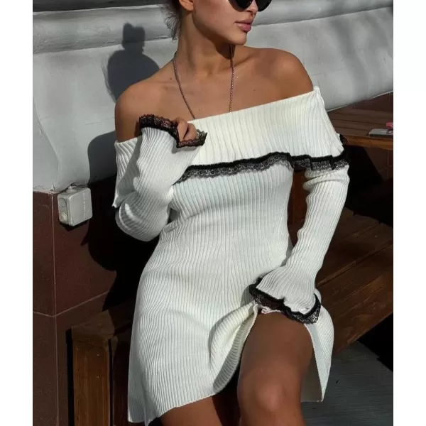 chouyatou Womens Off The Shoulder Bell Long Sleeve Sweater Mini Dress Lace Trim Bodycon Ribbed Knit Sweater DressBeige White