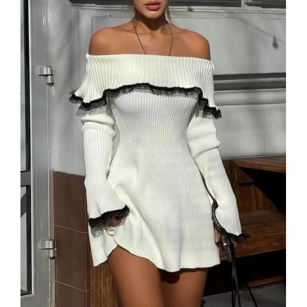chouyatou Womens Off The Shoulder Bell Long Sleeve Sweater Mini Dress Lace Trim Bodycon Ribbed Knit Sweater DressBeige White