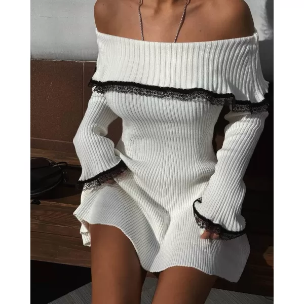 chouyatou Womens Off The Shoulder Bell Long Sleeve Sweater Mini Dress Lace Trim Bodycon Ribbed Knit Sweater DressBeige White