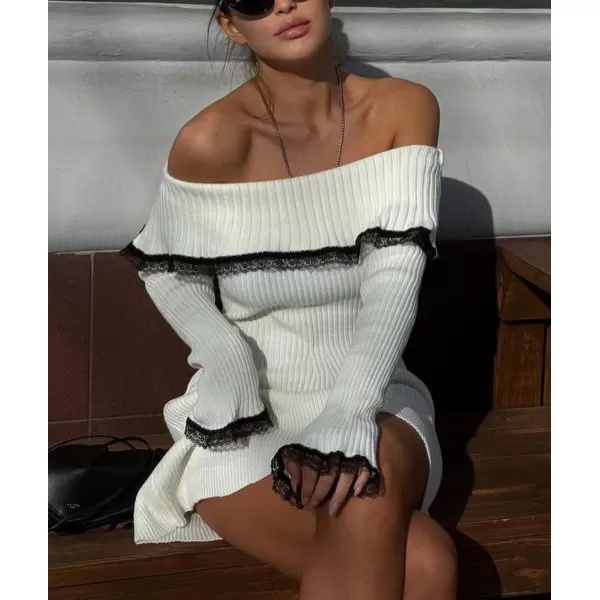 chouyatou Womens Off The Shoulder Bell Long Sleeve Sweater Mini Dress Lace Trim Bodycon Ribbed Knit Sweater DressBeige White