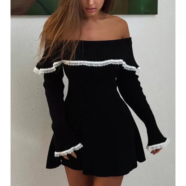 chouyatou Womens Off The Shoulder Bell Long Sleeve Sweater Mini Dress Lace Trim Bodycon Ribbed Knit Sweater DressBlack