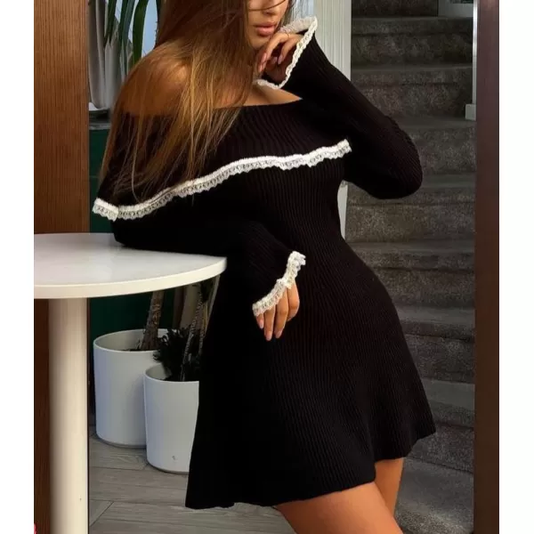 chouyatou Womens Off The Shoulder Bell Long Sleeve Sweater Mini Dress Lace Trim Bodycon Ribbed Knit Sweater DressBlack