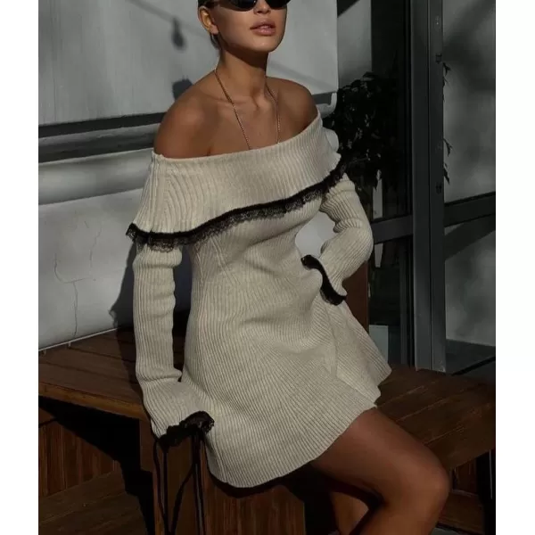 chouyatou Womens Off The Shoulder Bell Long Sleeve Sweater Mini Dress Lace Trim Bodycon Ribbed Knit Sweater DressKhaki