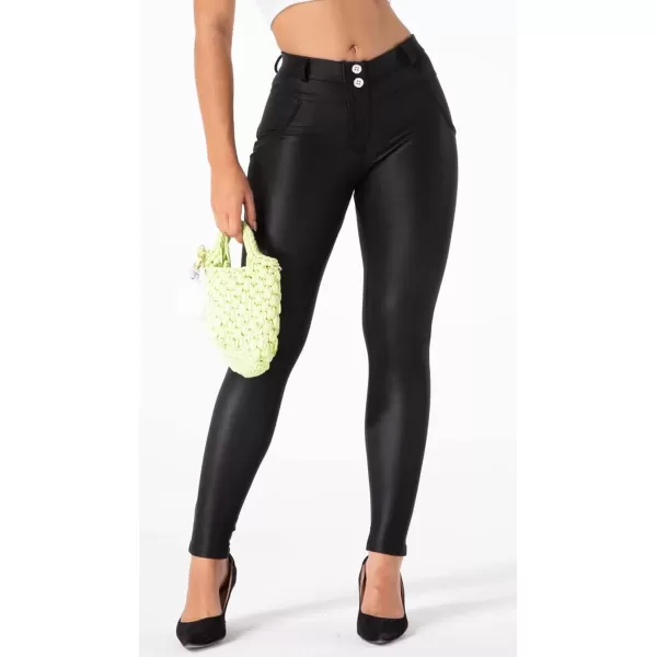 chouyatou Womens Sexy Mid Waist Faux Leather Leggings Fleece Lined Stretch Skinny Pleather Pants TightsBlack