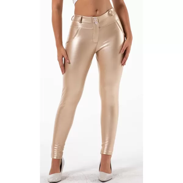 chouyatou Womens Sexy Mid Waist Faux Leather Leggings Fleece Lined Stretch Skinny Pleather Pants TightsGold
