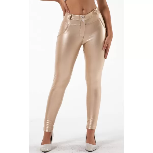 chouyatou Womens Sexy Mid Waist Faux Leather Leggings Fleece Lined Stretch Skinny Pleather Pants TightsGold