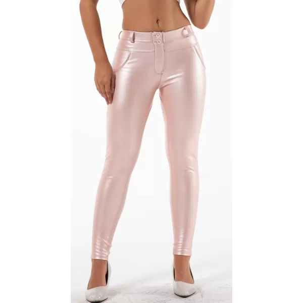 chouyatou Womens Sexy Mid Waist Faux Leather Leggings Fleece Lined Stretch Skinny Pleather Pants TightsPink