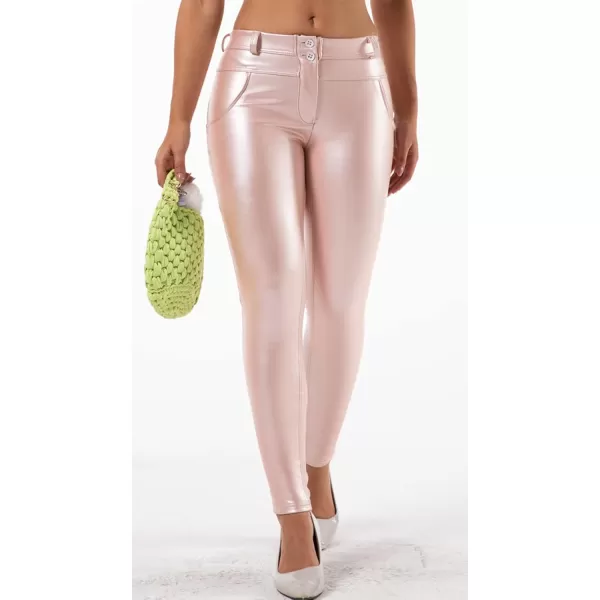 chouyatou Womens Sexy Mid Waist Faux Leather Leggings Fleece Lined Stretch Skinny Pleather Pants TightsPink