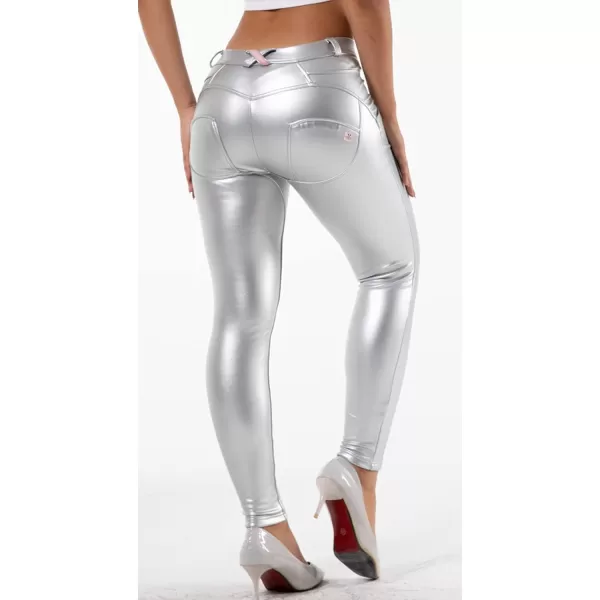 chouyatou Womens Sexy Mid Waist Faux Leather Leggings Fleece Lined Stretch Skinny Pleather Pants TightsSilver