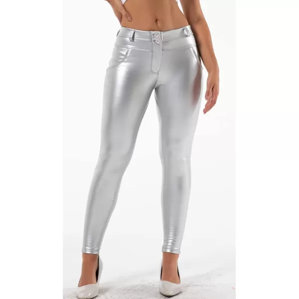 chouyatou Womens Sexy Mid Waist Faux Leather Leggings Fleece Lined Stretch Skinny Pleather Pants TightsSilver
