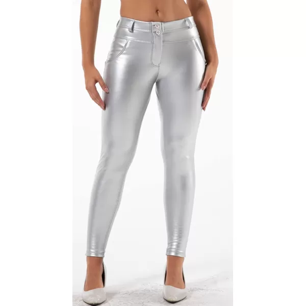 chouyatou Womens Sexy Mid Waist Faux Leather Leggings Fleece Lined Stretch Skinny Pleather Pants TightsSilver