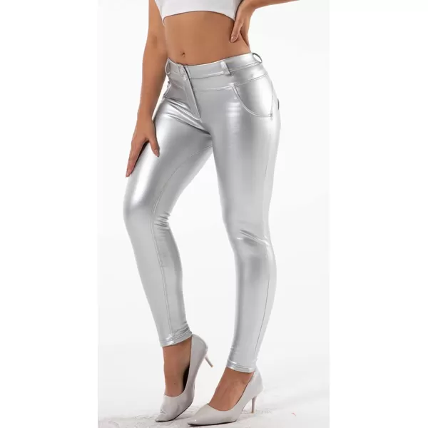 chouyatou Womens Sexy Mid Waist Faux Leather Leggings Fleece Lined Stretch Skinny Pleather Pants TightsSilver
