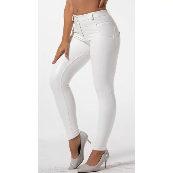 chouyatou Womens Sexy Mid Waist Faux Leather Leggings Fleece Lined Stretch Skinny Pleather Pants TightsWhite