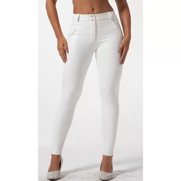 chouyatou Womens Sexy Mid Waist Faux Leather Leggings Fleece Lined Stretch Skinny Pleather Pants TightsWhite