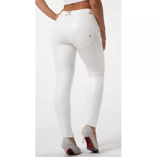 chouyatou Womens Sexy Mid Waist Faux Leather Leggings Fleece Lined Stretch Skinny Pleather Pants TightsWhite