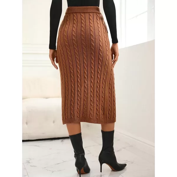 chouyatou Womens Sexy Package Hip Cable Knit Skirt Elastic Waist Front Slit Sweater Midi Long SkirtBrown
