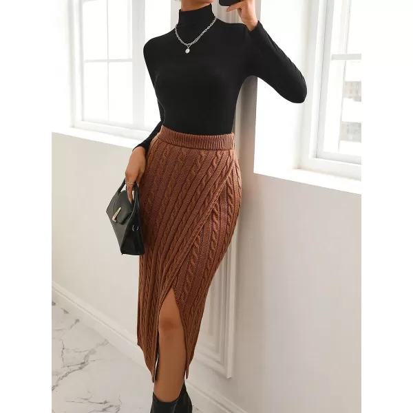 chouyatou Womens Sexy Package Hip Cable Knit Skirt Elastic Waist Front Slit Sweater Midi Long SkirtBrown