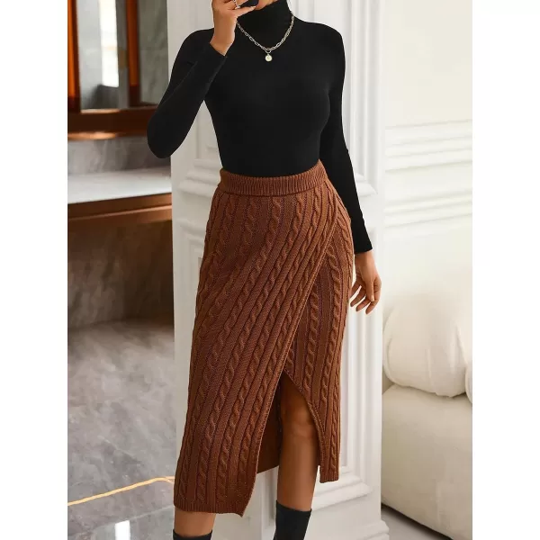 chouyatou Womens Sexy Package Hip Cable Knit Skirt Elastic Waist Front Slit Sweater Midi Long SkirtBrown