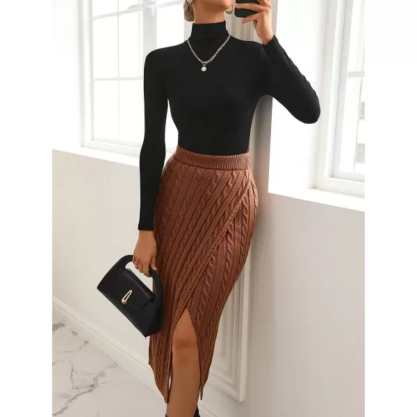 chouyatou Womens Sexy Package Hip Cable Knit Skirt Elastic Waist Front Slit Sweater Midi Long SkirtBrown