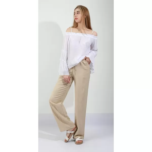 chouyatou Womens Summer Loose Drawstring Waist Beach Linen Wide Leg Pants PalazzoKhaki