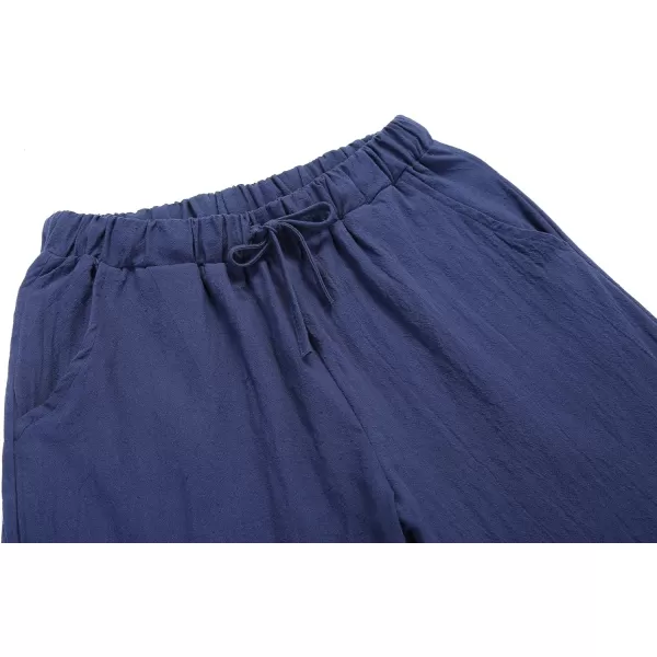 chouyatou Womens Summer Loose Drawstring Waist Beach Linen Wide Leg Pants PalazzoNavy Blue