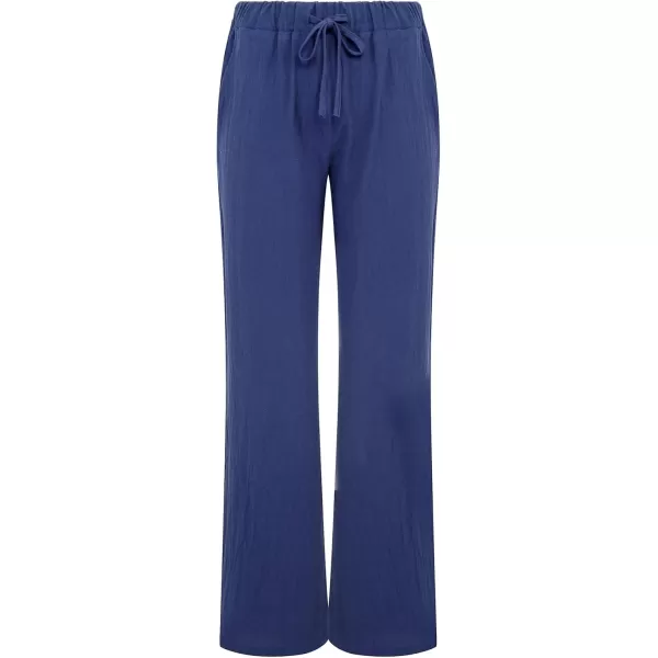 chouyatou Womens Summer Loose Drawstring Waist Beach Linen Wide Leg Pants PalazzoNavy Blue