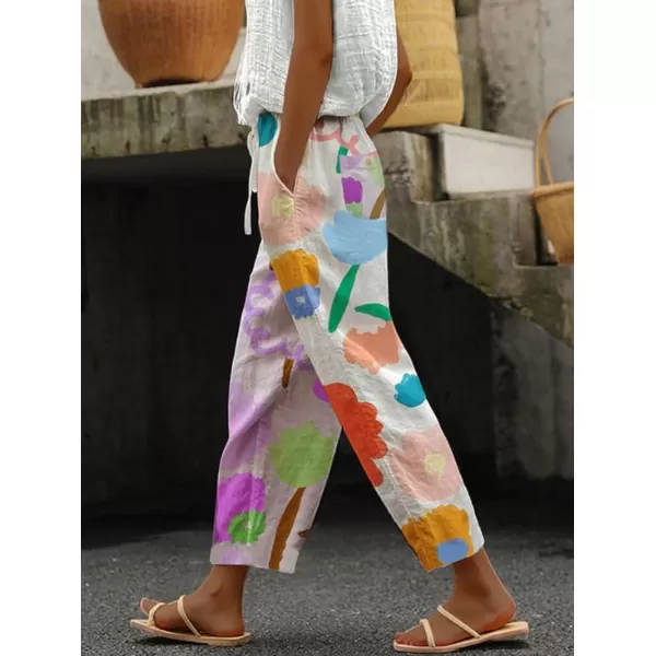 chouyatou Womens Vintage Floral Print High Elastic Waist Wide Leg Capri Beach Palazzo Pants with PocketsFlower