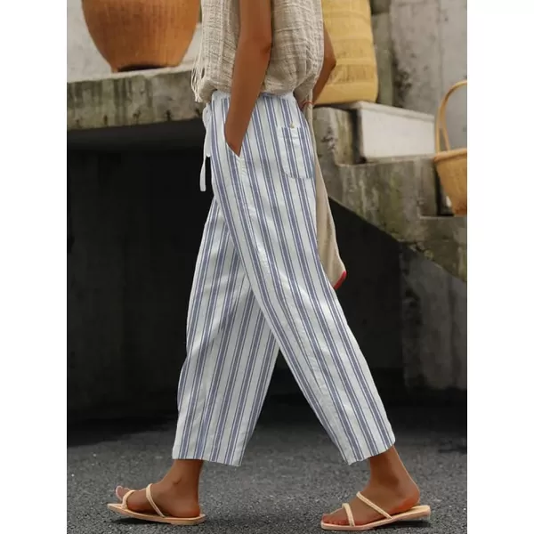 chouyatou Womens Vintage Floral Print High Elastic Waist Wide Leg Capri Beach Palazzo Pants with PocketsStriped Blue
