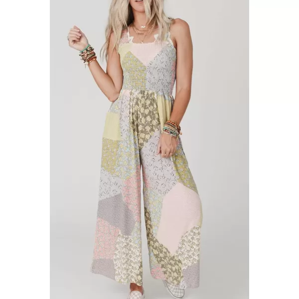 chouyatou Womens Wide Leg Smocked Jumpsuit Color Block Floral Print Sleeveless Romper PantsGreen Yellow