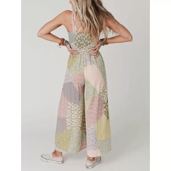 chouyatou Womens Wide Leg Smocked Jumpsuit Color Block Floral Print Sleeveless Romper PantsGreen Yellow