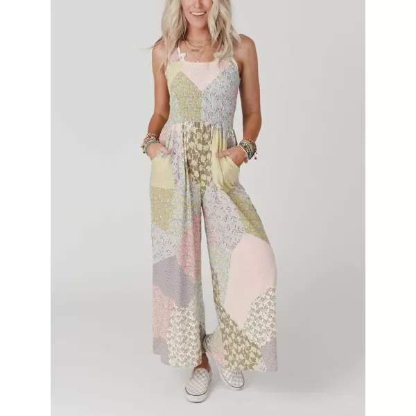 chouyatou Womens Wide Leg Smocked Jumpsuit Color Block Floral Print Sleeveless Romper PantsGreen Yellow