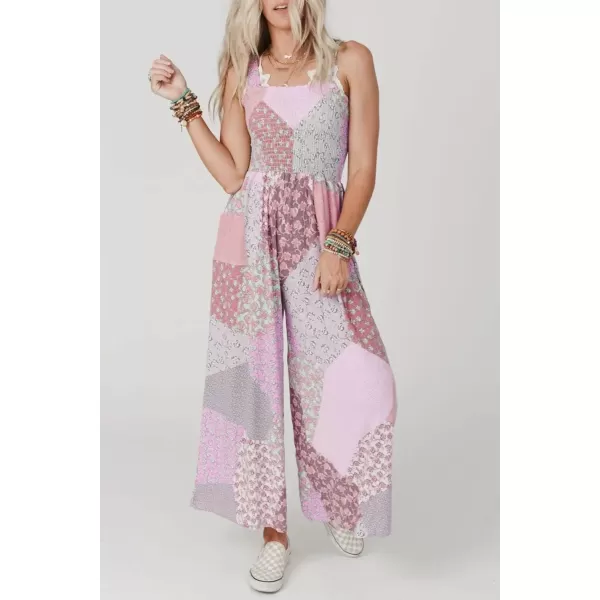 chouyatou Womens Wide Leg Smocked Jumpsuit Color Block Floral Print Sleeveless Romper PantsPink Red