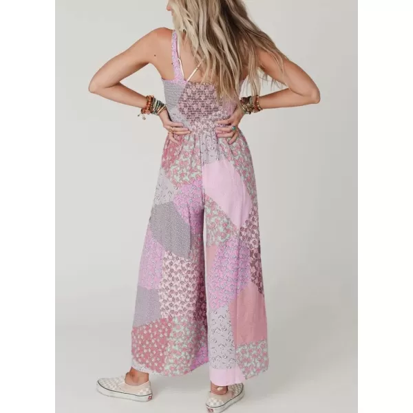 chouyatou Womens Wide Leg Smocked Jumpsuit Color Block Floral Print Sleeveless Romper PantsPink Red