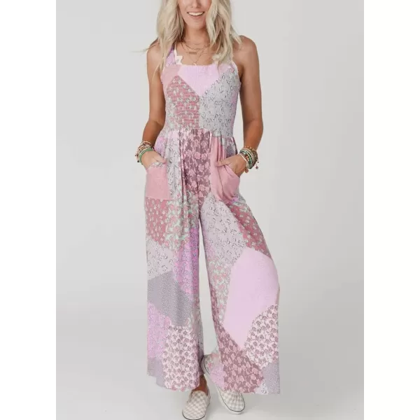 chouyatou Womens Wide Leg Smocked Jumpsuit Color Block Floral Print Sleeveless Romper PantsPink Red